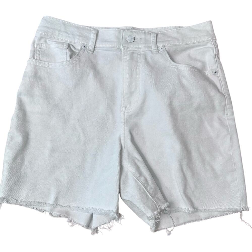 EXPRESS White Denim Cut Off Shorts Midi High Rise Sz 2 Cotton Blend Stretch Cute